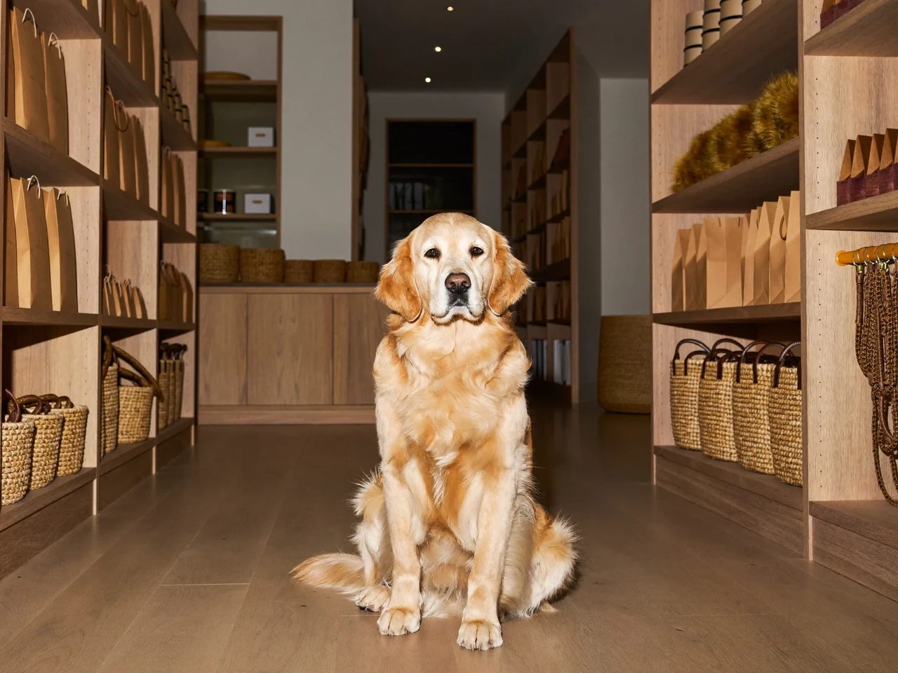 Illustration eines hellen Tierbedarfsgeschäfts mit Holzregalen und ruhig sitzendem Golden Retriever