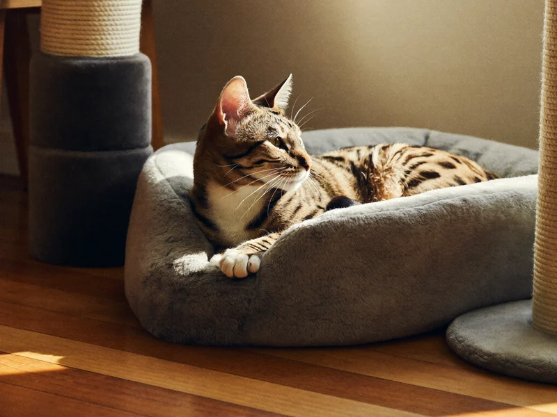 Illustration: Sisal-Kratzbaum und graues Katzenbett im sonnigen Wohnzimmer, darauf eine Tigerkatze